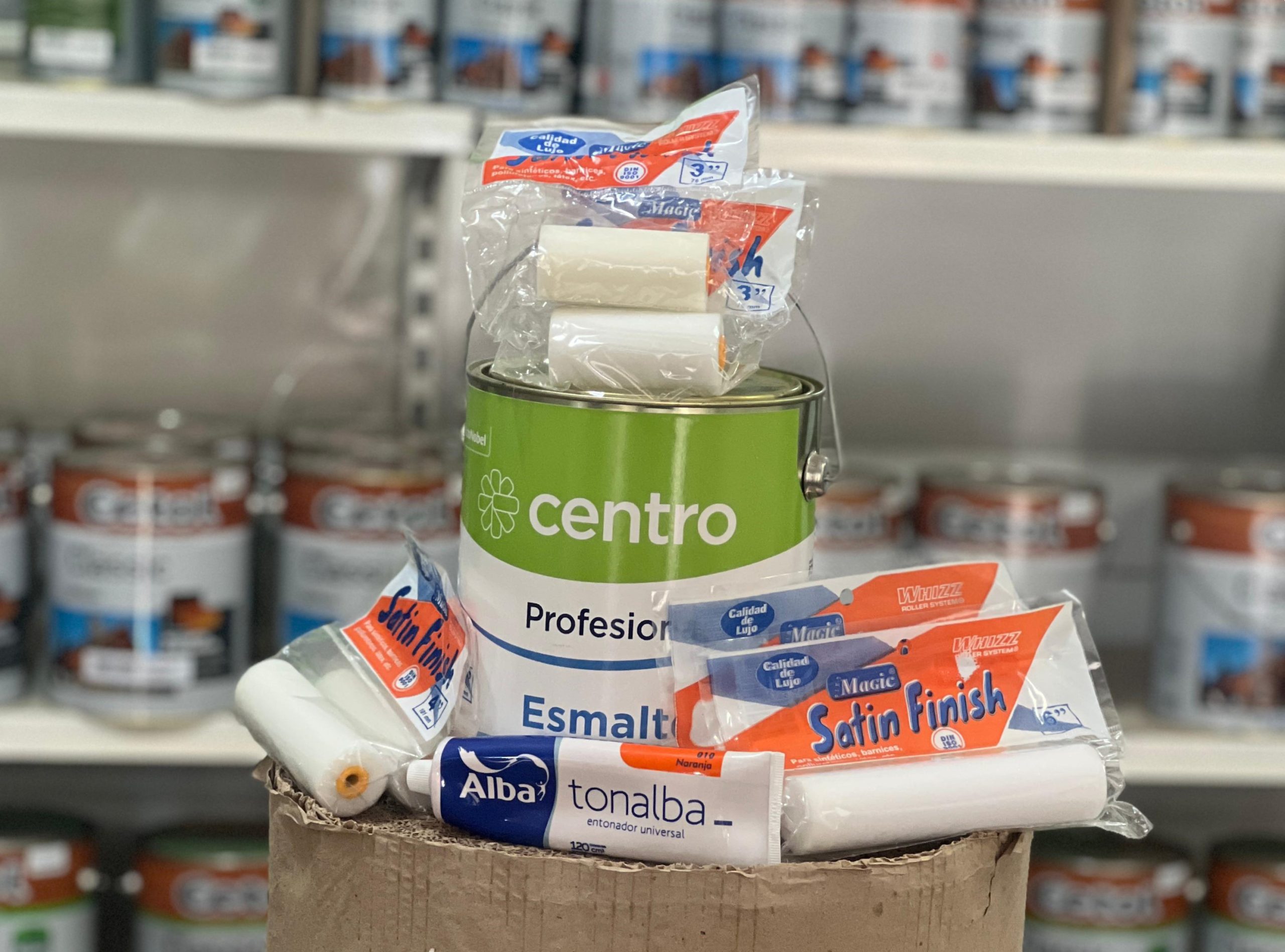 Combo Esmalte Sintetico Brillante Blanco 4 L Centro Profesional +Tonalba 120+ 6 repuestos de rodillos + Cartón corrugado